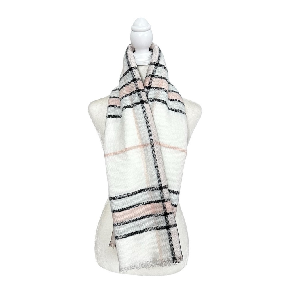 Maurices White, Pink & Black Plaid Blanket Fringe Trim Scarf